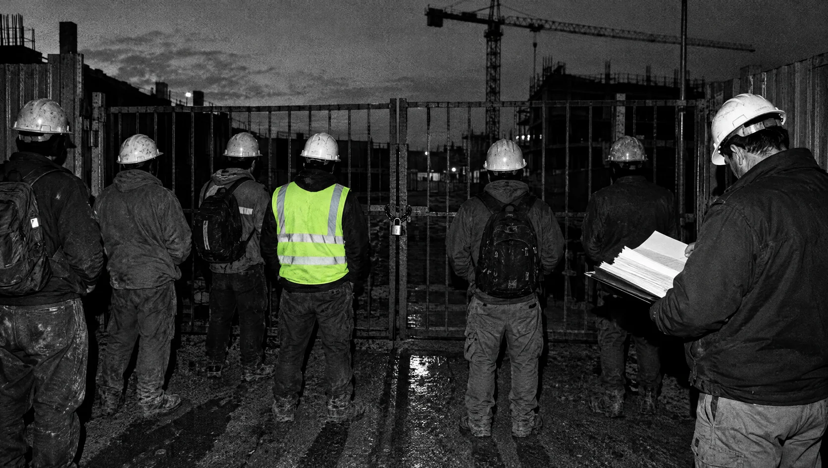 Uma equipa parada à porta da obra fechada, enquanto o encarregado folheia a pasta dos documentos