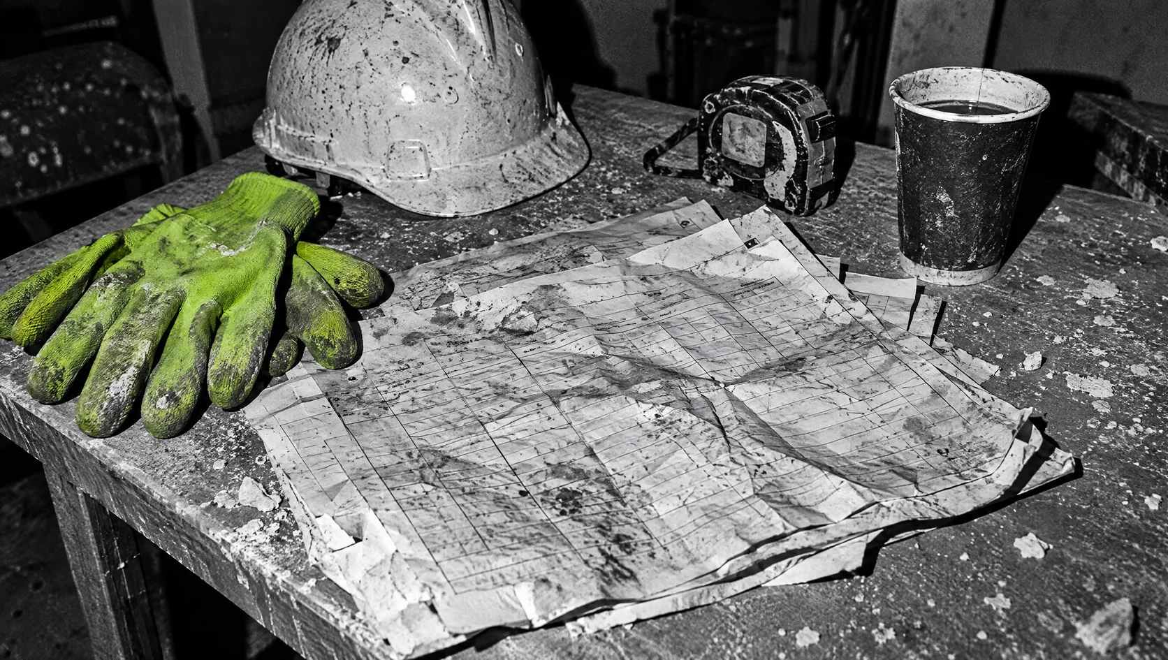 Folhas de horas em papel, sujas da obra, em cima de uma secretária